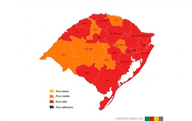 Mapa preliminar do RS traz 14 regiões em bandeira vermelha 1 dist12