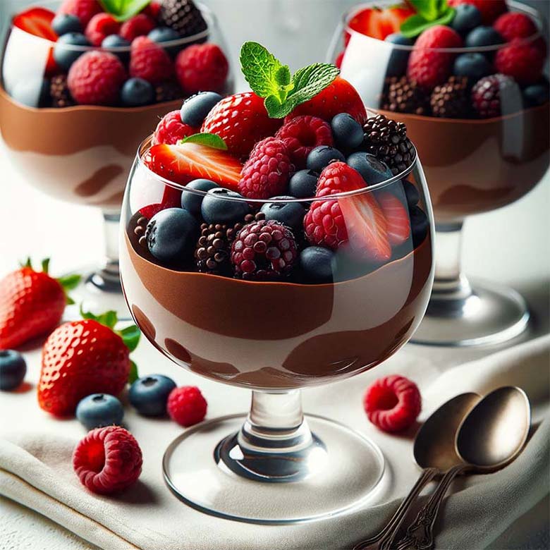 Aqui esta a imagem do Mousse de Chocolate Meio Amargo com Frutas Vermelhas apresentado de forma sofisticada e elegante