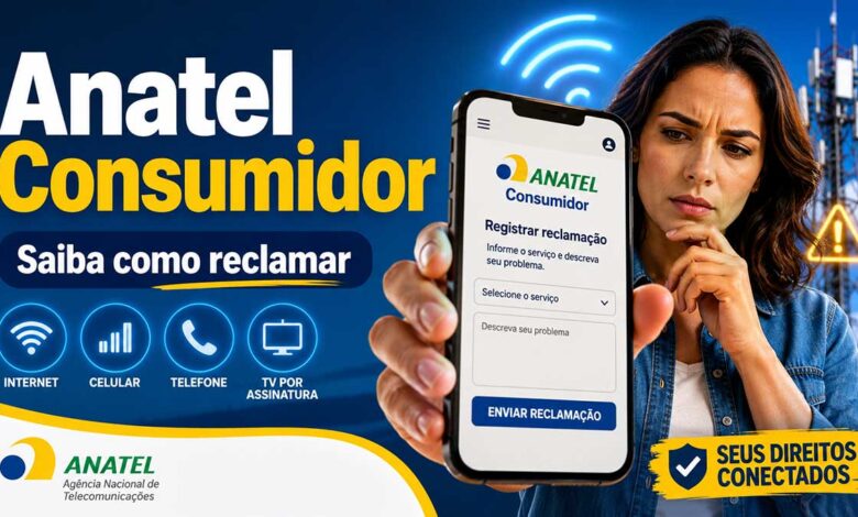 Consumidora usa celular para registrar reclamação na plataforma Anatel Consumidor sobre serviços de telecomunicações.